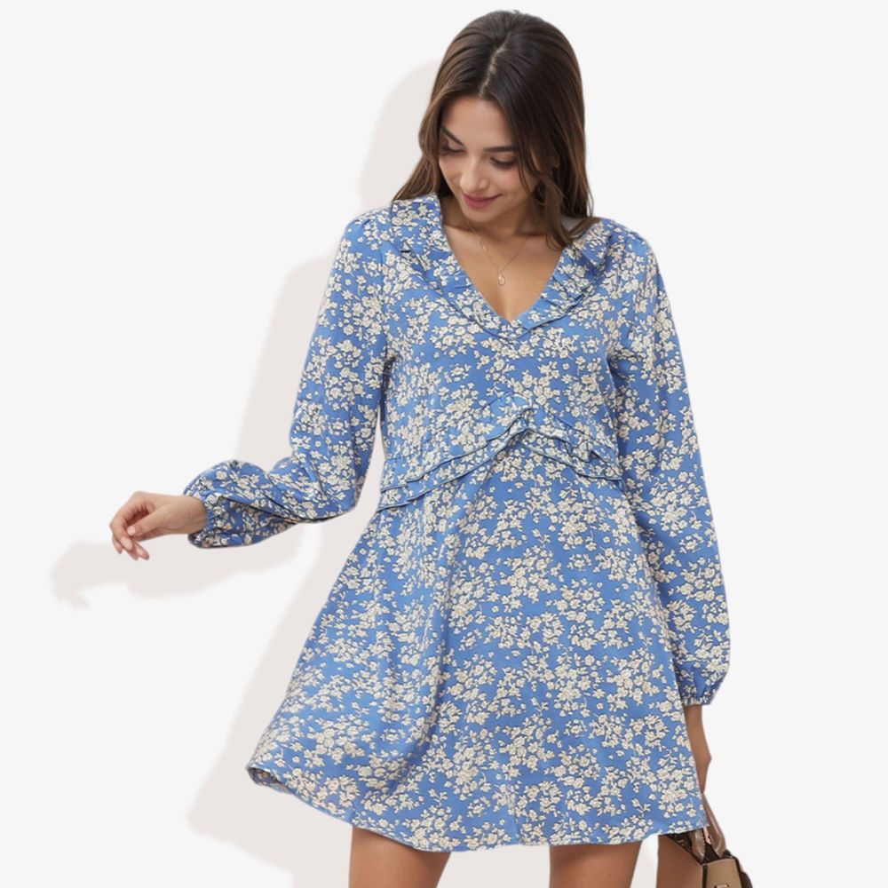 Long Sleeve Floral Print Mini Dress with V-Neck and Tie Front Detail Casual Outfit