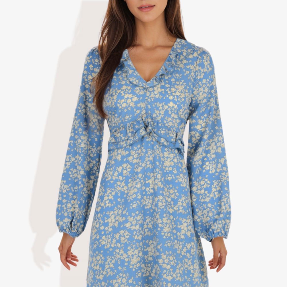 Long Sleeve Floral Print Mini Dress with V-Neck and Tie Front Detail Casual Outfit