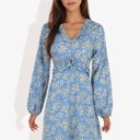 Blue Large Long Sleeve Floral Print Mini Dress with V-Neck and Tie Front Detail Casual Outfit