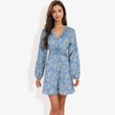 Blue Large Long Sleeve Floral Print Mini Dress with V-Neck and Tie Front Detail Casual Outfit