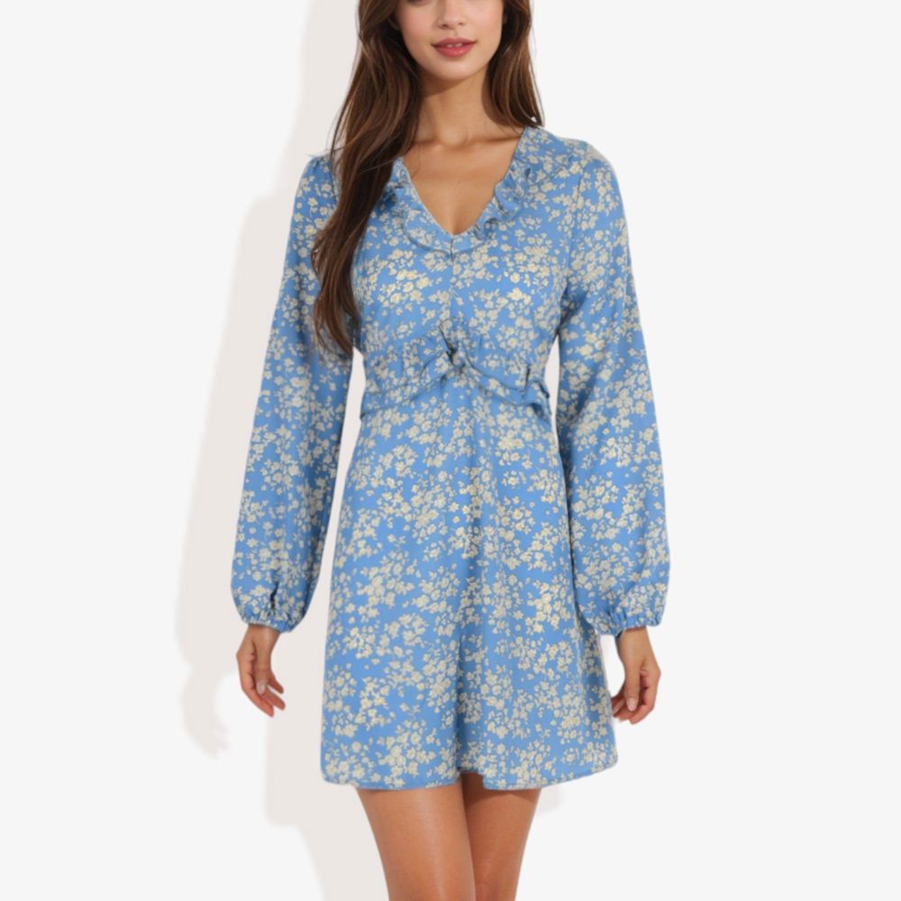 Long Sleeve Floral Print Mini Dress with V-Neck and Tie Front Detail Casual Outfit