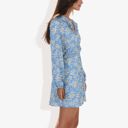 Blue Medium Long Sleeve Floral Print Mini Dress with V-Neck and Tie Front Detail Casual Outfit