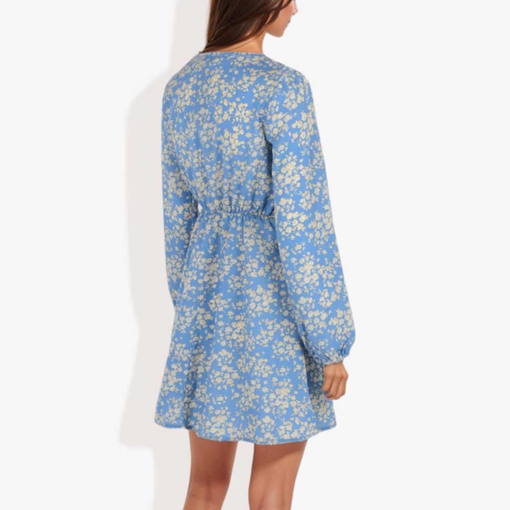 Long Sleeve Floral Print Mini Dress with V-Neck and Tie Front Detail Casual Outfit