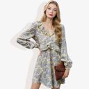 Gray Large Long Sleeve Floral Print Mini Dress with V-Neck and Tie Front Detail Casual Outfit