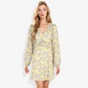 Gray Large Long Sleeve Floral Print Mini Dress with V-Neck and Tie Front Detail Casual Outfit