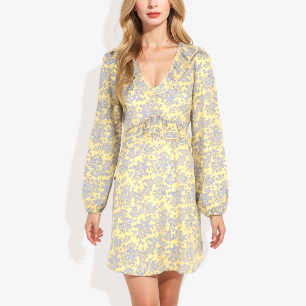 Long Sleeve Floral Print Mini Dress with V-Neck and Tie Front Detail Casual Outfit