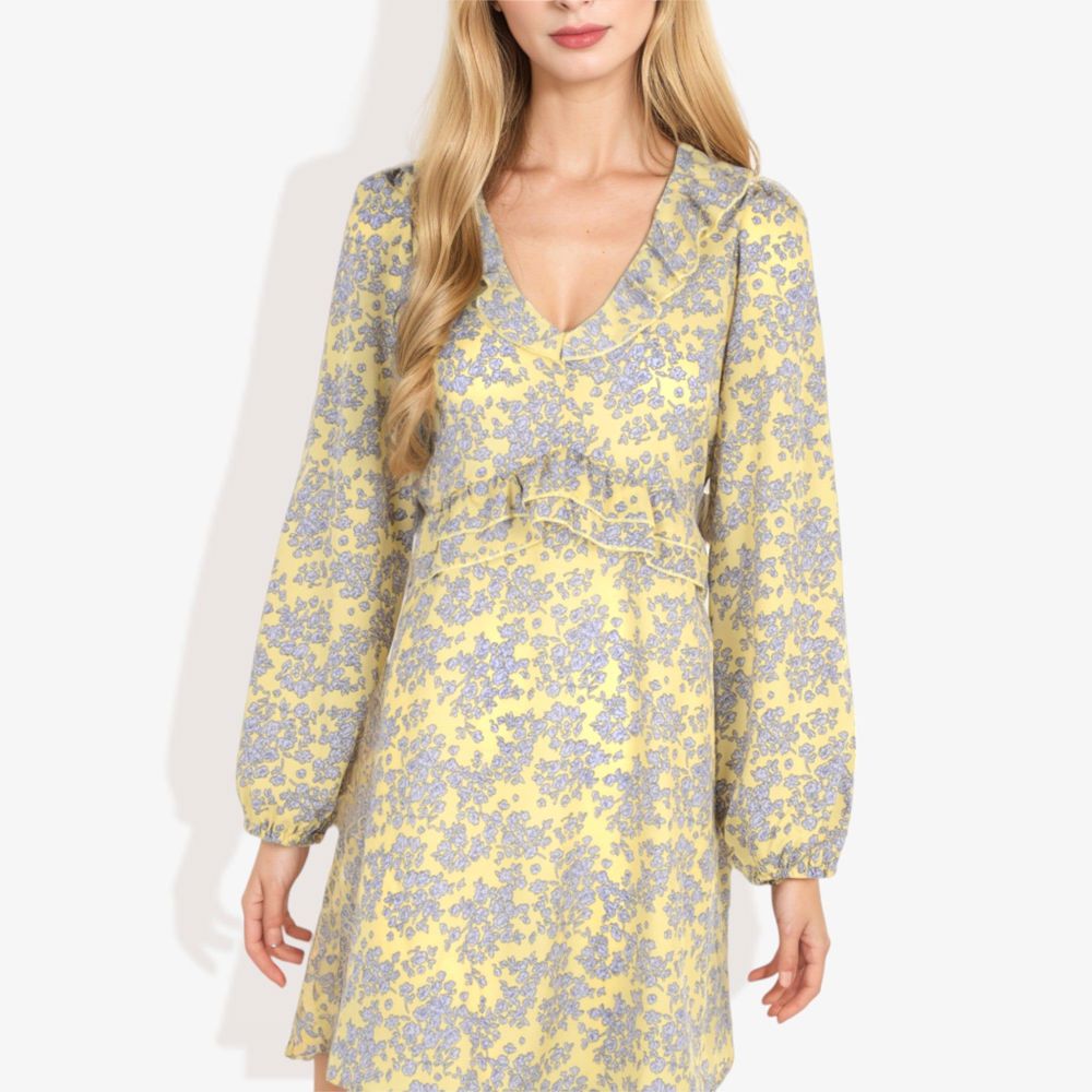 Long Sleeve Floral Print Mini Dress with V-Neck and Tie Front Detail Casual Outfit