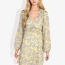 Gray Medium Long Sleeve Floral Print Mini Dress with V-Neck and Tie Front Detail Casual Outfit