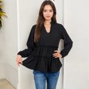  Long Sleeve V-Neck Peplum Blouse with Elastic Waist