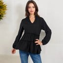 Black Large Long Sleeve V-Neck Peplum Blouse with Elastic Waist