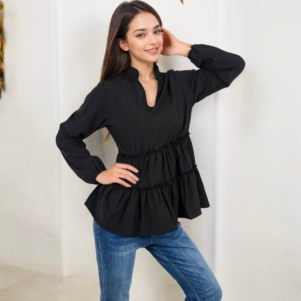 Long Sleeve V-Neck Peplum Blouse with Elastic Waist