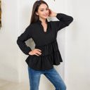 Black Large Long Sleeve V-Neck Peplum Blouse with Elastic Waist