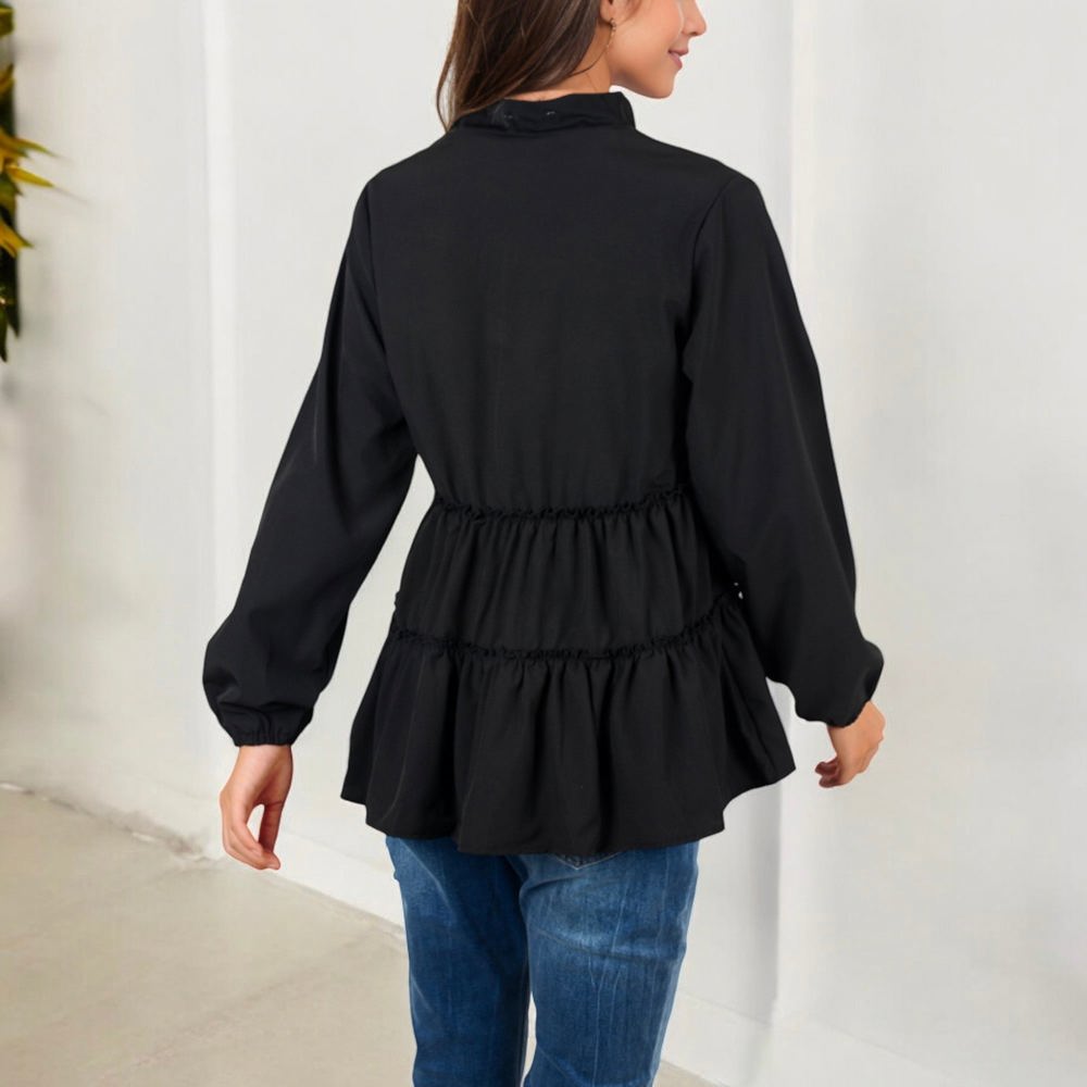 Long Sleeve V-Neck Peplum Blouse with Elastic Waist