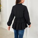 Black Large Long Sleeve V-Neck Peplum Blouse with Elastic Waist