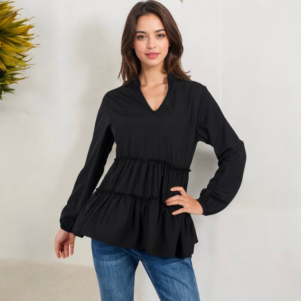 Long Sleeve V-Neck Peplum Blouse with Elastic Waist