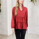 Red Large Long Sleeve V-Neck Peplum Blouse with Elastic Waist