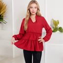 Red Large Long Sleeve V-Neck Peplum Blouse with Elastic Waist