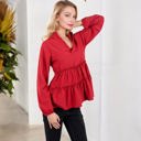 Red Large Long Sleeve V-Neck Peplum Blouse with Elastic Waist