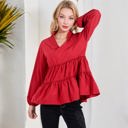 Red Large Long Sleeve V-Neck Peplum Blouse with Elastic Waist