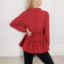 Red Large Long Sleeve V-Neck Peplum Blouse with Elastic Waist