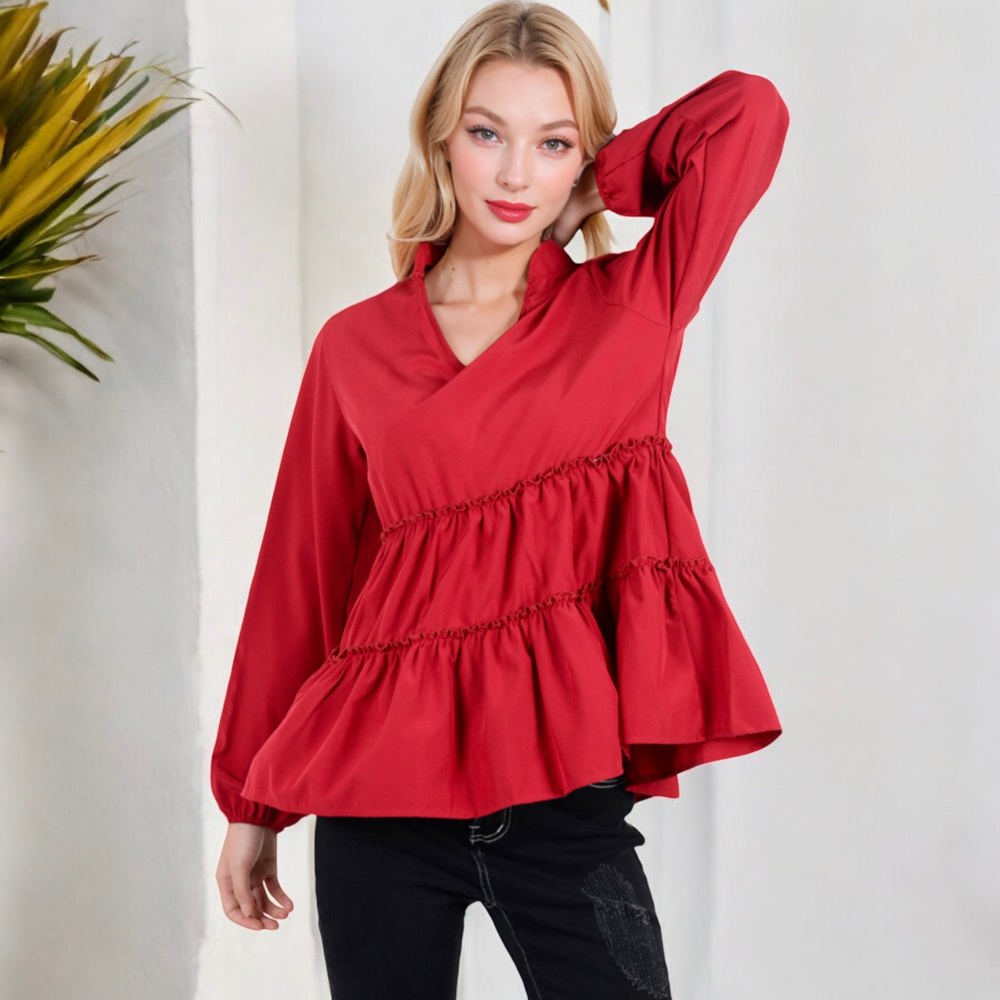 Long Sleeve V-Neck Peplum Blouse with Elastic Waist