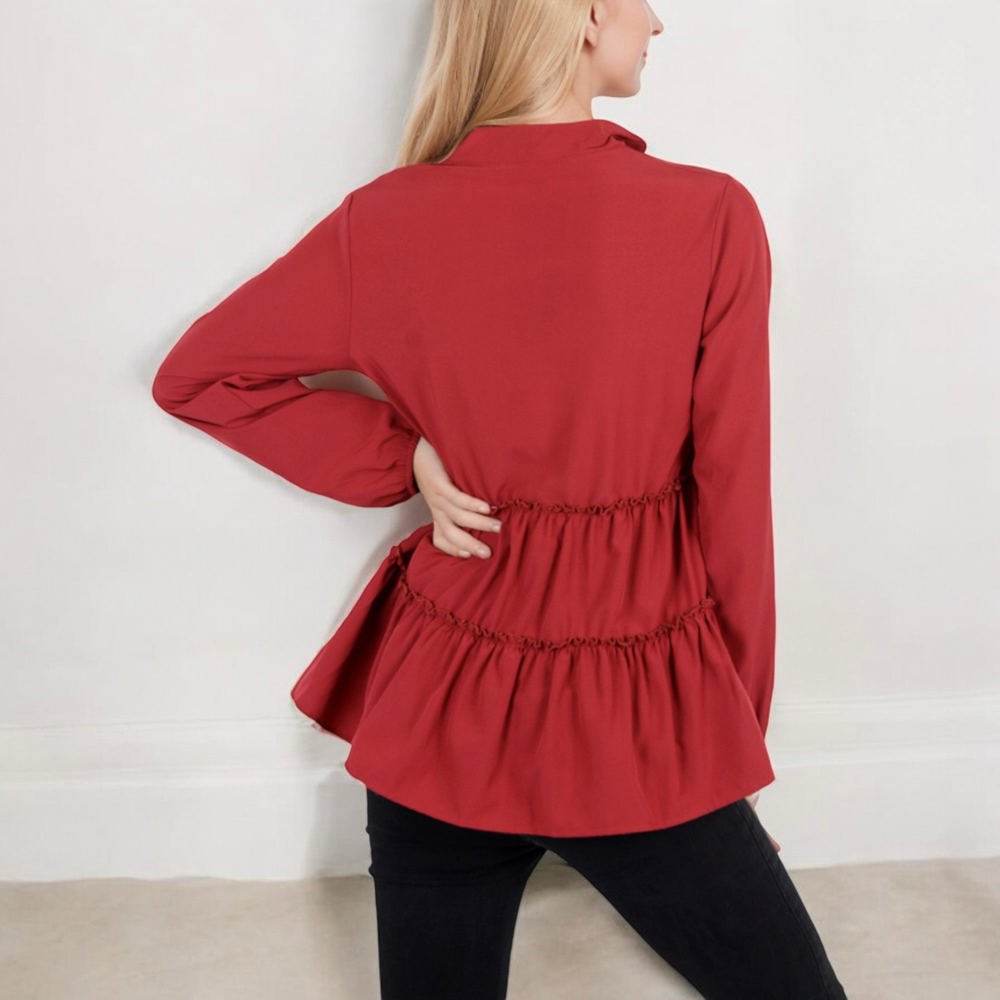 Long Sleeve V-Neck Peplum Blouse with Elastic Waist