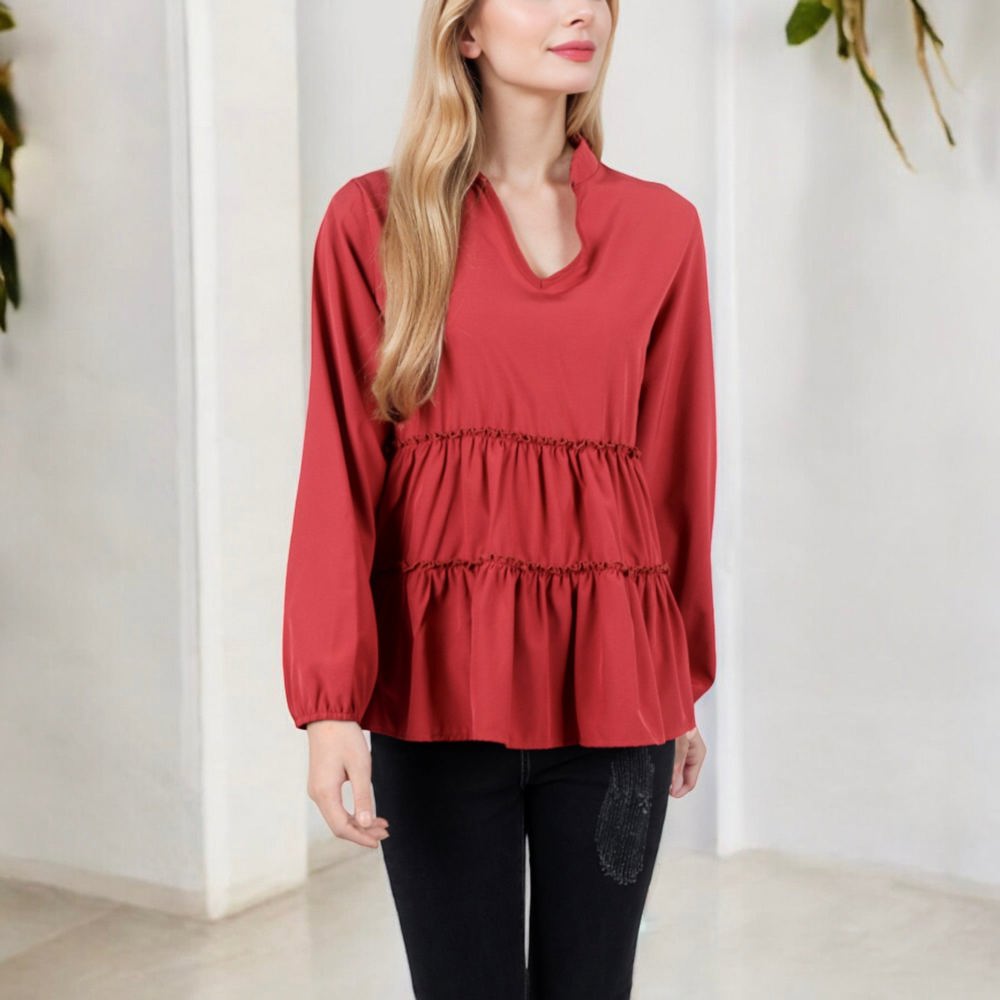 Long Sleeve V-Neck Peplum Blouse with Elastic Waist