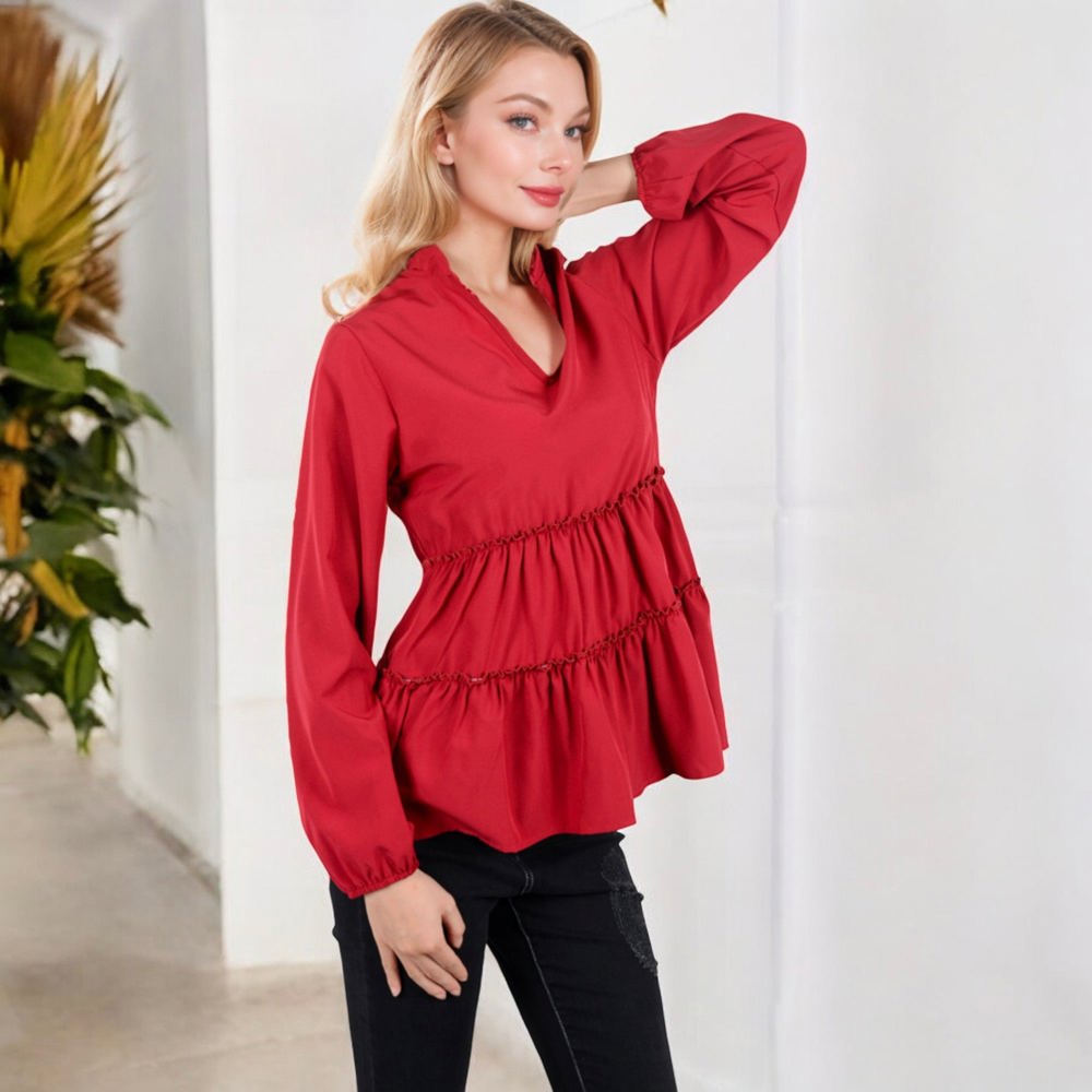 Long Sleeve V-Neck Peplum Blouse with Elastic Waist