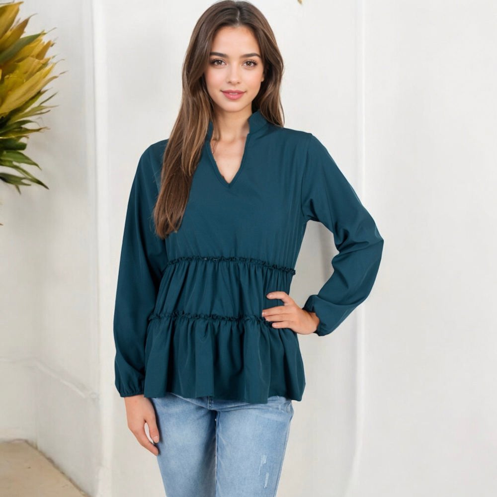 Long Sleeve V-Neck Peplum Blouse with Elastic Waist