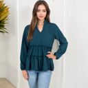 Green Large Long Sleeve V-Neck Peplum Blouse with Elastic Waist