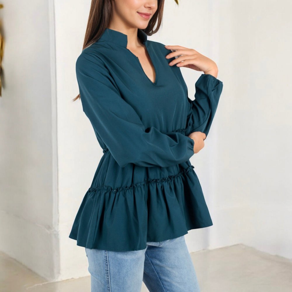 Long Sleeve V-Neck Peplum Blouse with Elastic Waist