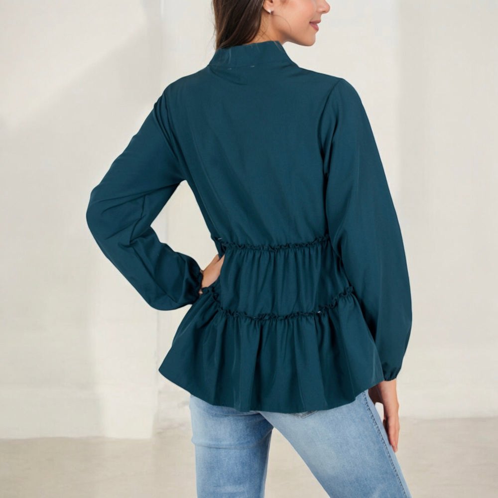 Long Sleeve V-Neck Peplum Blouse with Elastic Waist