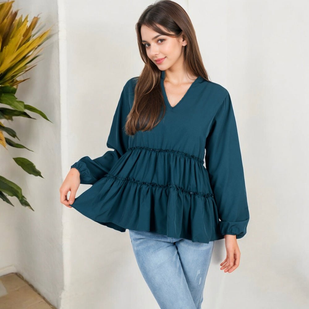 Long Sleeve V-Neck Peplum Blouse with Elastic Waist