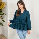 Green Medium Long Sleeve V-Neck Peplum Blouse with Elastic Waist