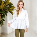 White Large Long Sleeve V-Neck Peplum Blouse with Elastic Waist