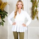 White Large Long Sleeve V-Neck Peplum Blouse with Elastic Waist