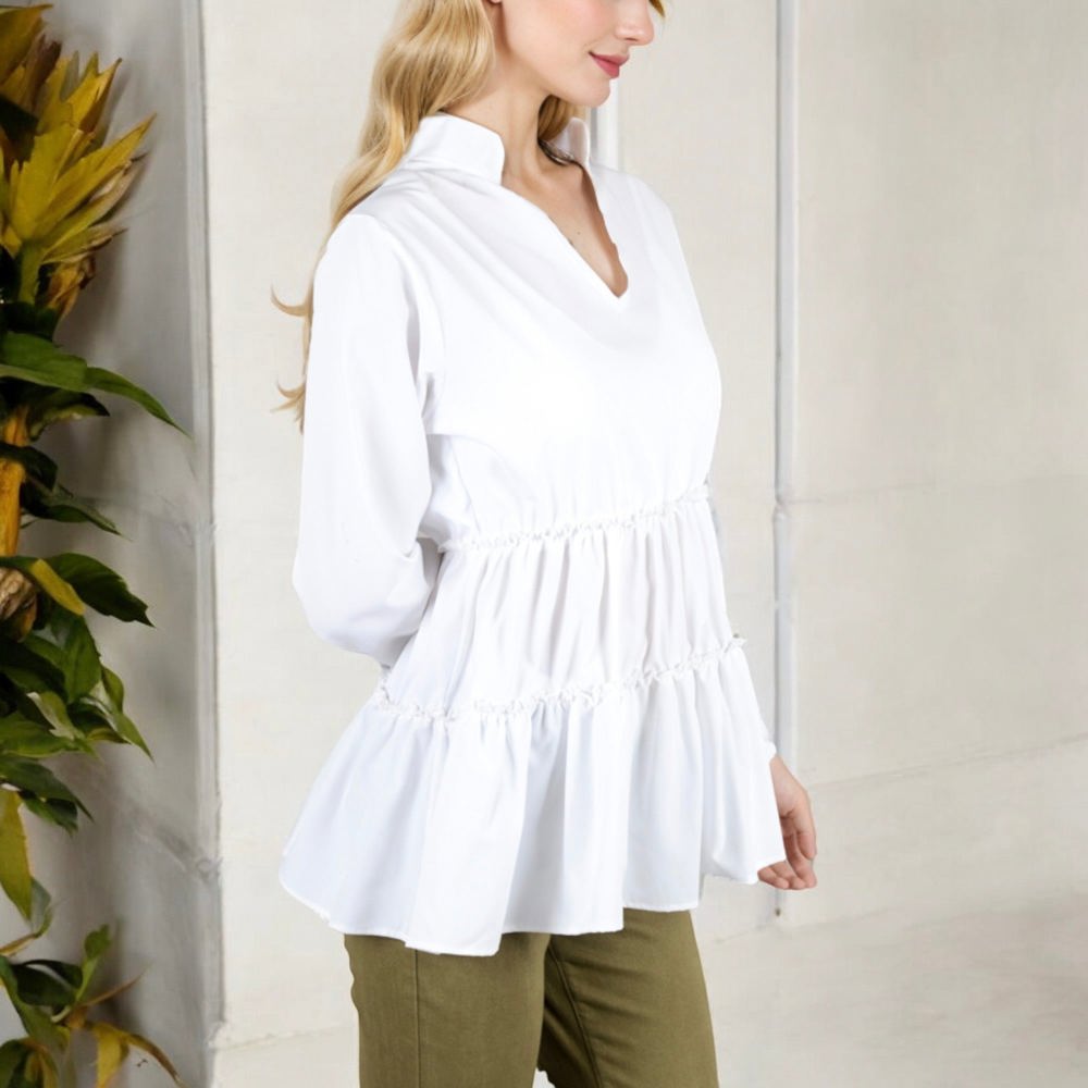 Long Sleeve V-Neck Peplum Blouse with Elastic Waist