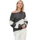 Gray Large Off-Shoulder Color Block Knit Sweater with Long Sleeves