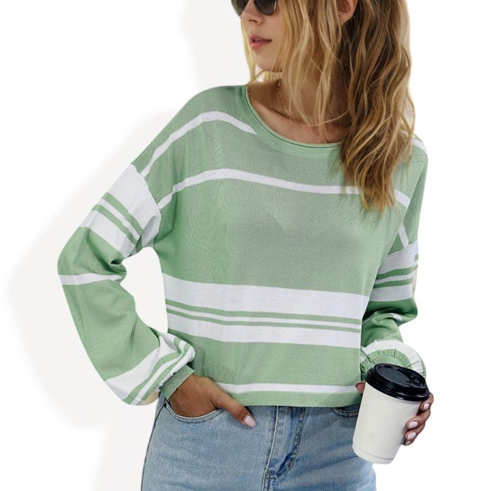 Striped Long Sleeve Crew Neck Pullover Knit Top