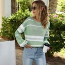 Green Large Striped Long Sleeve Crew Neck Pullover Knit Top