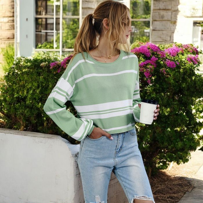 Striped Long Sleeve Crew Neck Pullover Knit Top