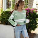 Green Large Striped Long Sleeve Crew Neck Pullover Knit Top