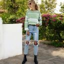 Green Large Striped Long Sleeve Crew Neck Pullover Knit Top