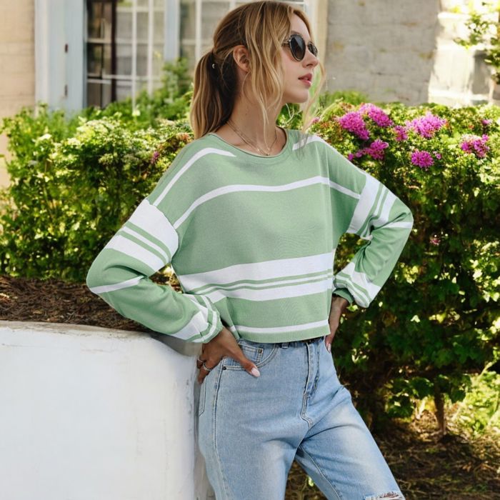 Striped Long Sleeve Crew Neck Pullover Knit Top