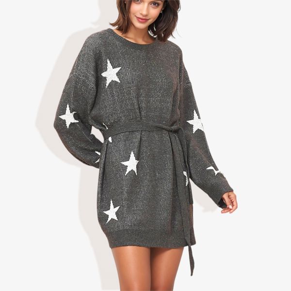 Star Knit Pattern Long Dolman Sleeve Cuffed Belted Tunic Sweater Dress