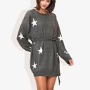  Star Knit Pattern Long Dolman Sleeve Cuffed Belted Tunic Sweater Dress