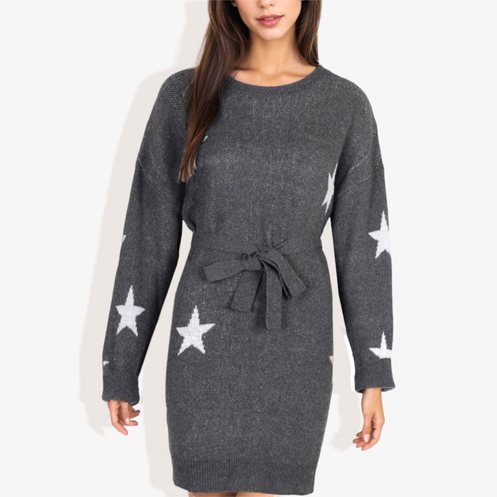 Star Knit Pattern Long Dolman Sleeve Cuffed Belted Tunic Sweater Dress