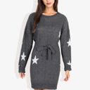  Star Knit Pattern Long Dolman Sleeve Cuffed Belted Tunic Sweater Dress