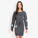  Star Knit Pattern Long Dolman Sleeve Cuffed Belted Tunic Sweater Dress