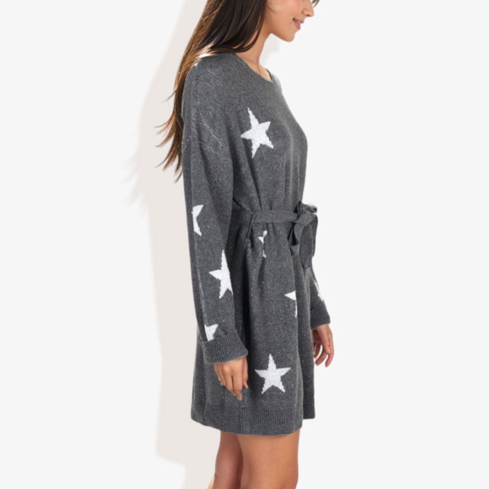 Star Knit Pattern Long Dolman Sleeve Cuffed Belted Tunic Sweater Dress